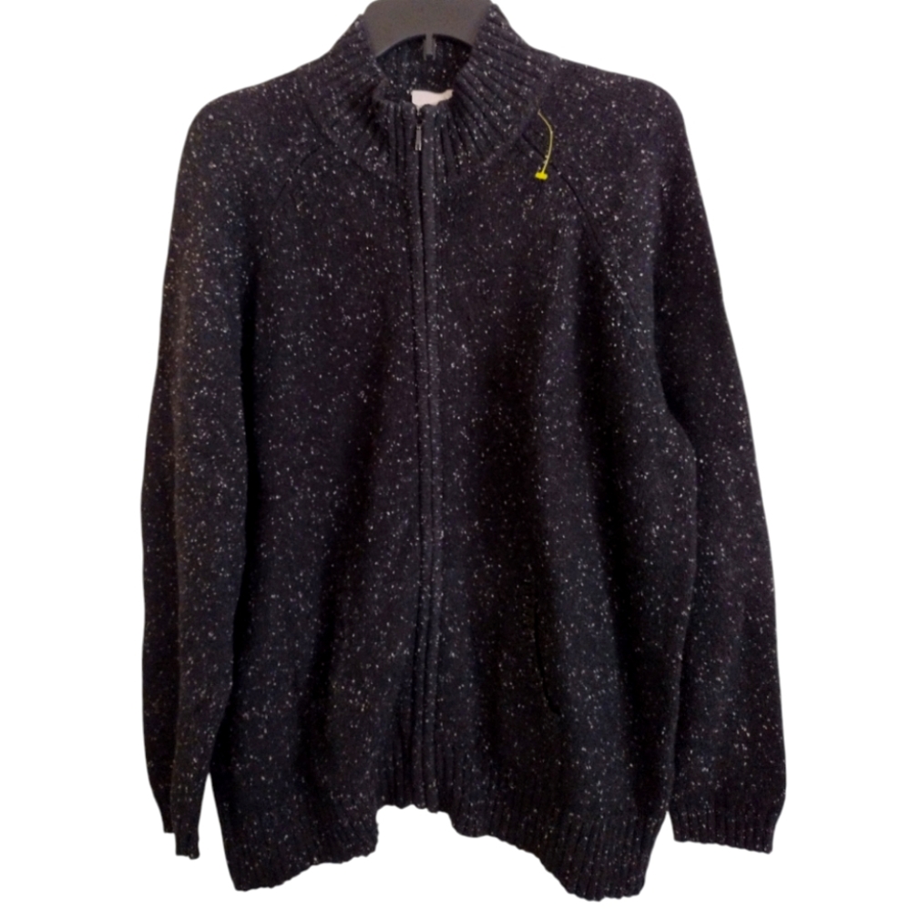 Caslon black white speckle zip up mock neck sweater pockets size XL